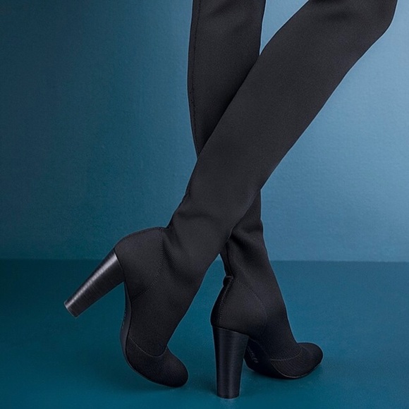 Black Heeled Over The Knee Sock Boots - Picture 2 of 8